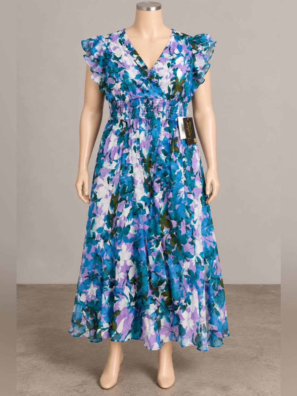 Taylor 18W Floral Maxi Dress Orchid Cerulean Purple Blue Flutter Sleeve NWT